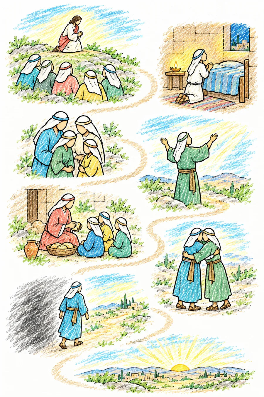 Hand-drawn doodle map of a winding path: Jesus praying on a hillside while disciples wait, a person kneeling alone by a bed, a parent with children, a person lifting arms to the sky, a mother sharing bread with children, two people embracing, a person turning away from a gray scribble shadow, and a sunrise over the land.