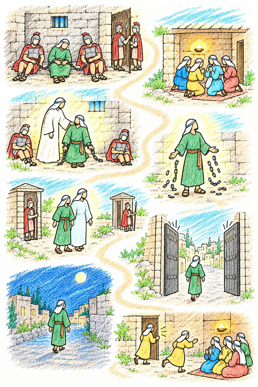 Hand-drawn doodle map of Acts 12: a man in green sleeping between soldiers in a stone prison, a house where people pray by lamplight, an angel touching him in a bright cell, chains falling, the two walking past guard posts, an iron gate swinging open, the man alone on a moonlit street, and a girl in yellow running from a door to the praying group.