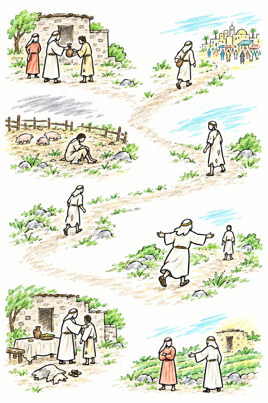 Hand-drawn doodle map of a long winding road: a father dividing his goods at home, a son walking to a far city, the son in a dry field with pigs, the son standing up and turning, the son walking home, the father running to meet him, a feast with a robe and ring, and the elder son by the field outside the lit house.