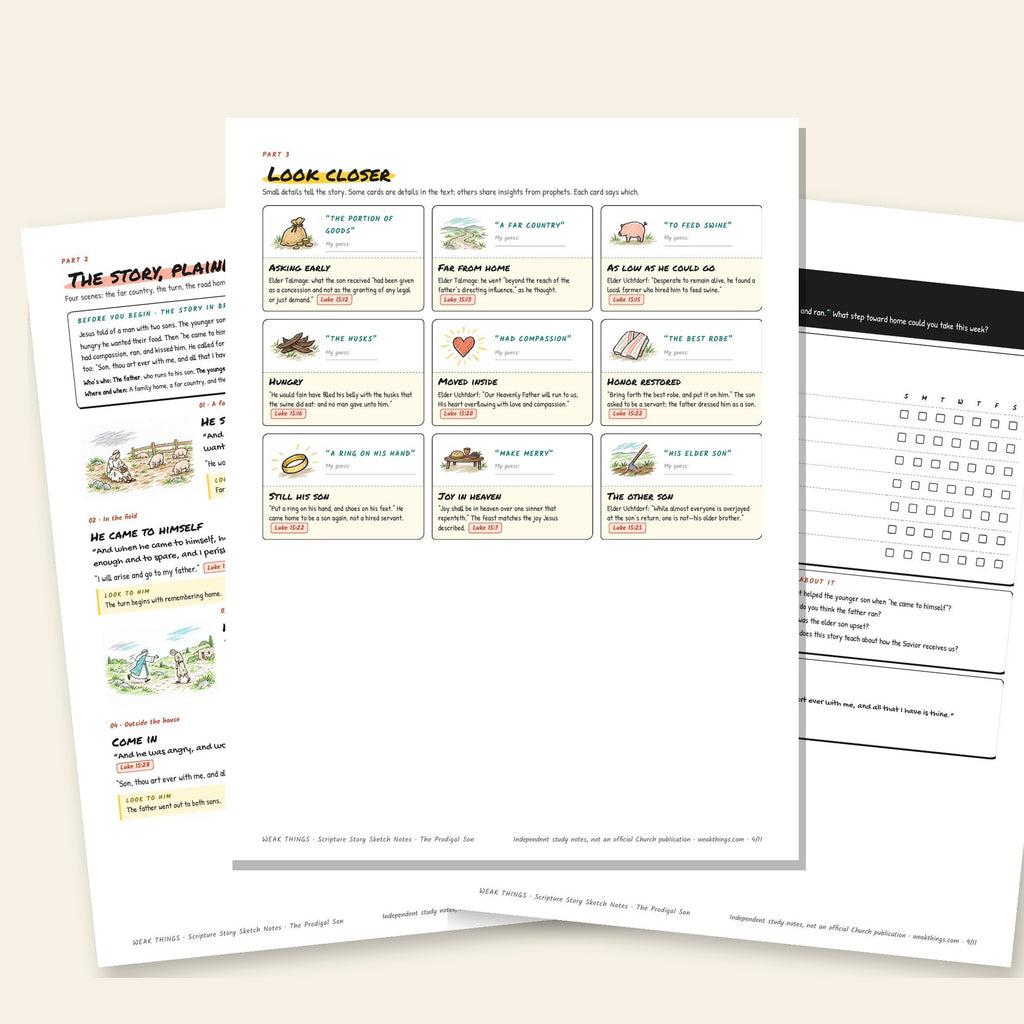 Three inside pages: the story, the detail cards and the seven-day tracker