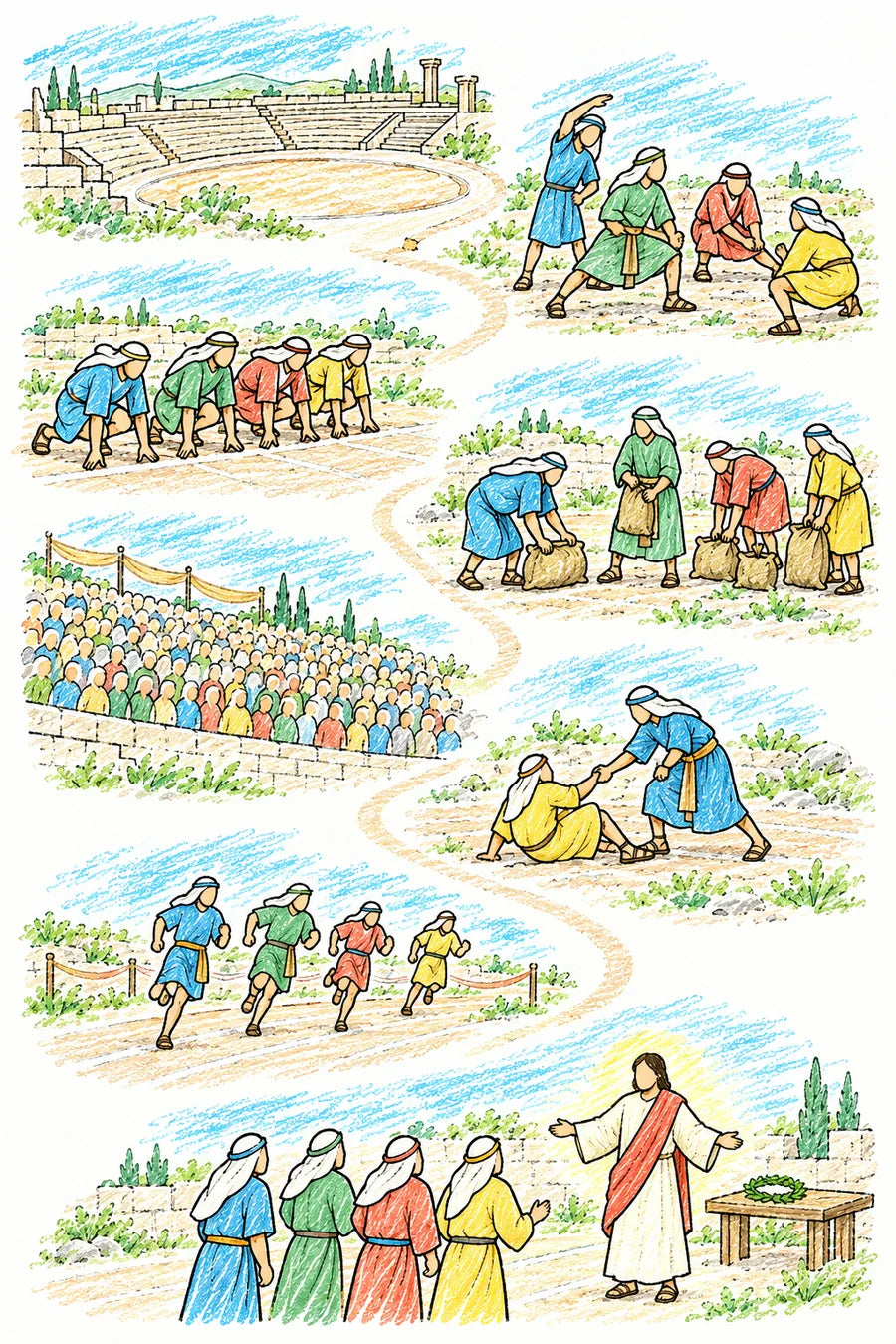 Hand-drawn doodle map: an ancient Greek stadium, athletes training, runners at a starting line, runners setting down heavy sacks, a great crowd in the stands, a fallen runner being helped up, runners on the final stretch, and Jesus at the finish line welcoming runners beside a laurel wreath.