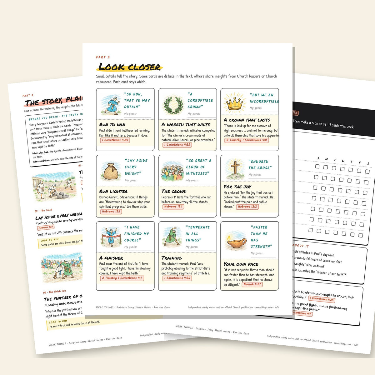 Three inside pages: the story, the detail cards and the seven-day tracker