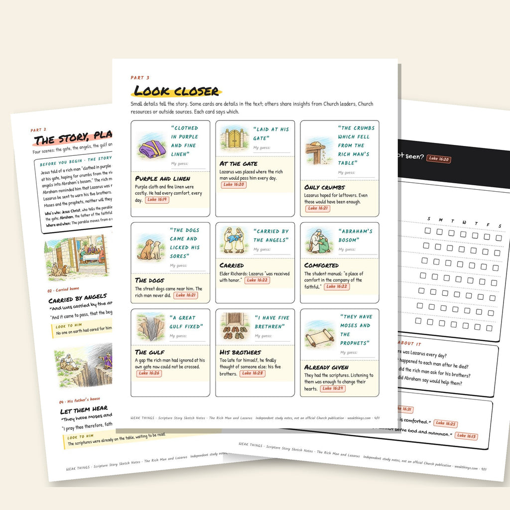 Three inside pages: the story, the detail cards and the seven-day tracker