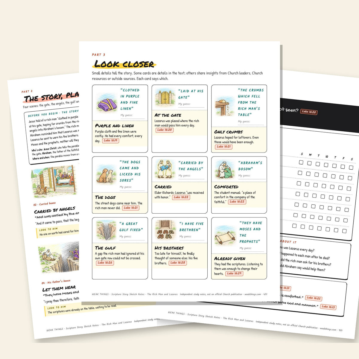 Three inside pages: the story, the detail cards and the seven-day tracker