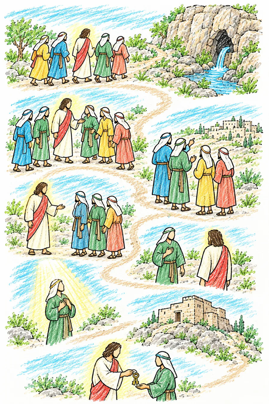 Hand-drawn doodle map of a winding path: Jesus and His disciples walking toward a tall rocky cliff with a cave and springs, Jesus turning to ask a question, disciples talking and pointing to distant towns, Jesus with an open hand toward them, Peter stepping forward with a hand on his heart, a soft beam of light shining down on Peter, a sturdy stone building on a great rock, and Jesus placing keys into Peter’s hands.