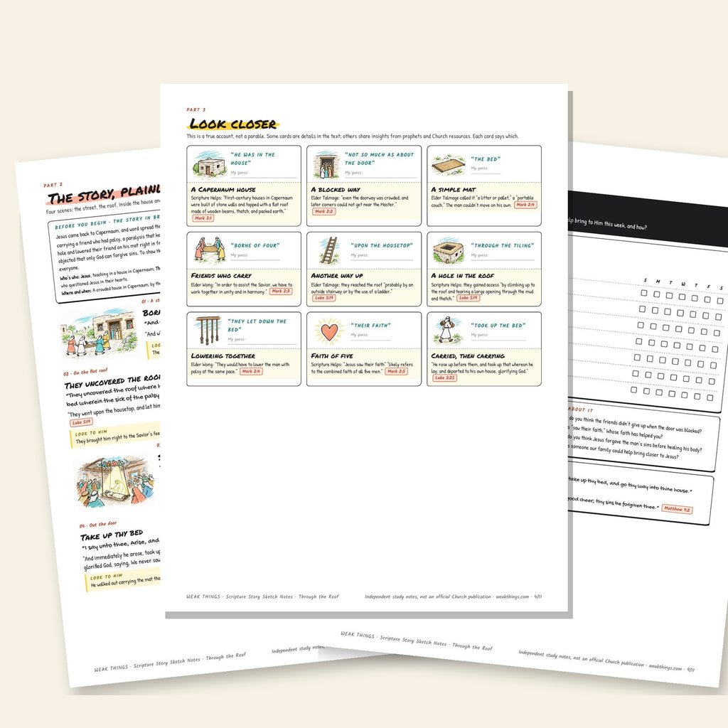 Three inside pages: the story, the detail cards and the seven-day tracker
