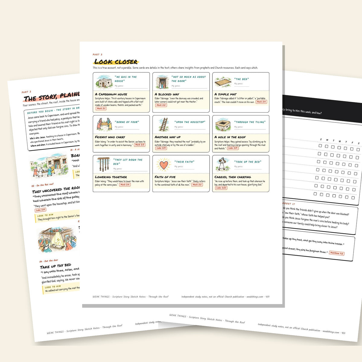Three inside pages: the story, the detail cards and the seven-day tracker