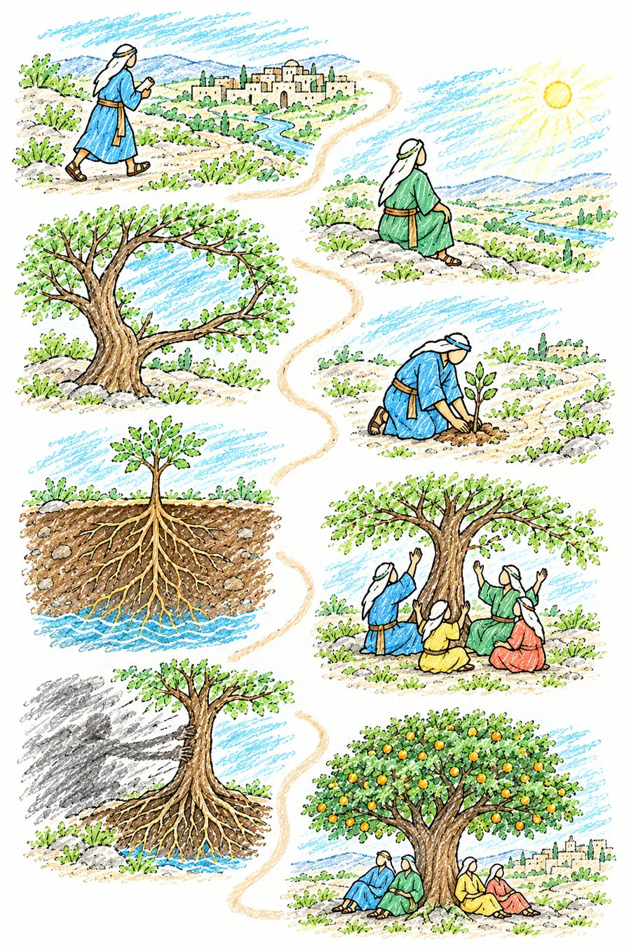 Hand-drawn doodle map: a messenger carrying a letter into a green valley town, a person looking up at creation in wonder, a great tree holding up the sky, a person planting a sapling, a cut-away tree with deep roots reaching water, a family giving thanks under the tree, a gray scribble pulling at the tree while its roots hold, and the grown tree full of fruit.