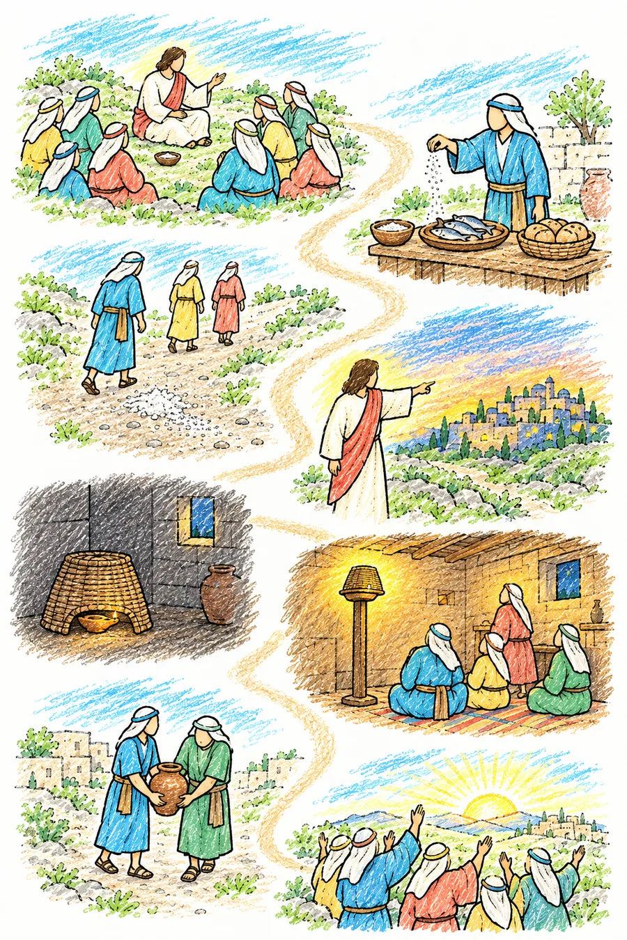 Hand-drawn doodle map of a winding path: Jesus teaching a crowd on a hillside, a person salting fish beside baskets of bread, travelers on a road strewn with spilled salt, Jesus pointing to a city on a hill, a lamp hidden under a woven basket, a family around a lamp on a tall stand, a youth helping carry a jar, and people praising God beneath a sunrise.