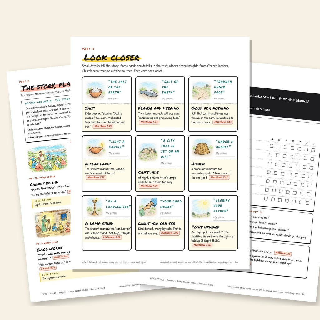 Three inside pages: the story, the detail cards and the seven-day tracker