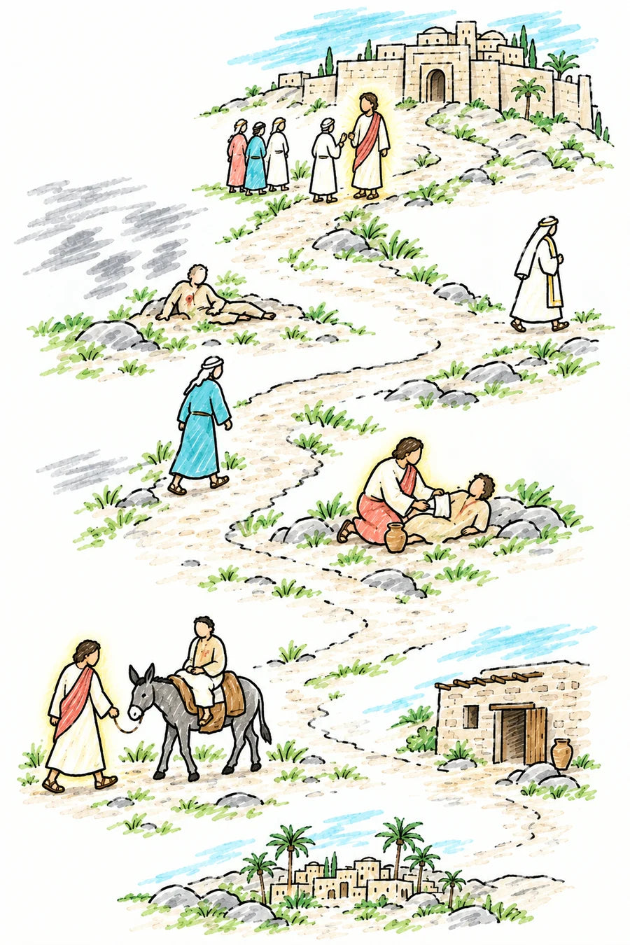 Hand-drawn doodle map of a rocky road winding down from Jerusalem at the top to Jericho at the bottom: a figure of soft light talking with a lawyer at the city gate, a hurt man by the road with gray scribble shadows fleeing, a priest and a Levite walking past, a traveler kneeling to help, a donkey carrying the man, and a small stone inn.