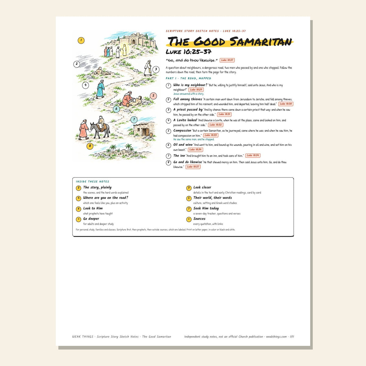 The Good Samaritan sketch notes cover with a hand-drawn map of the road from Jerusalem to Jericho