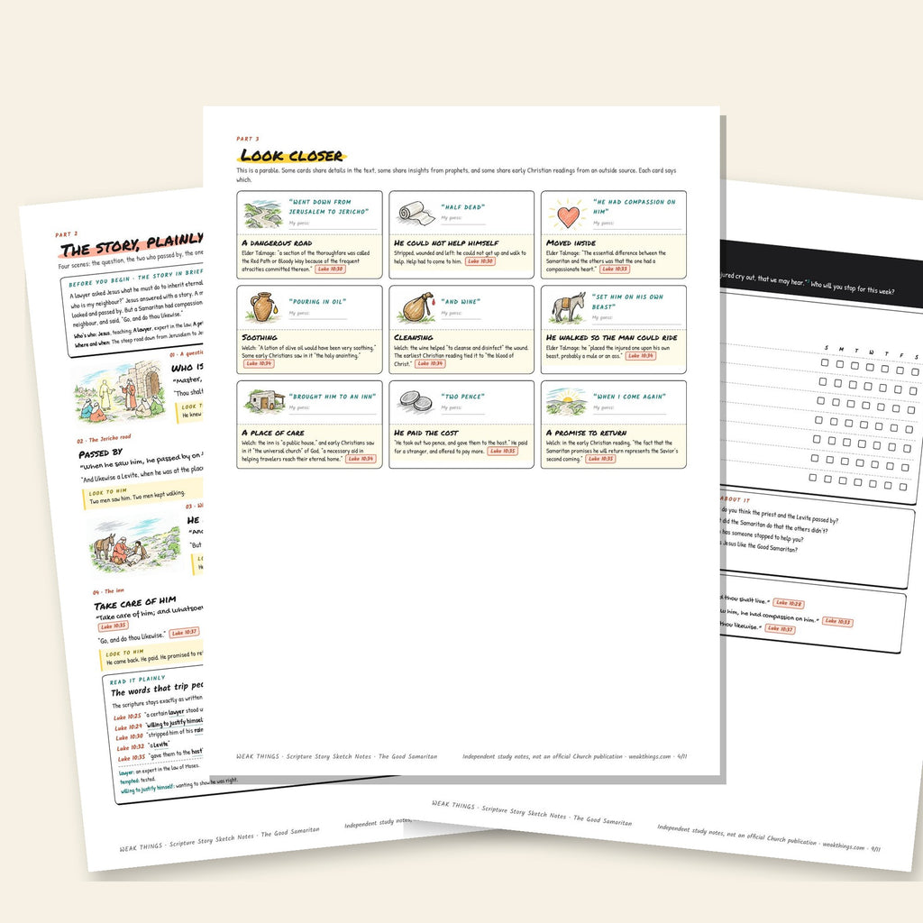 Three inside pages: the story, the detail cards and the seven-day tracker