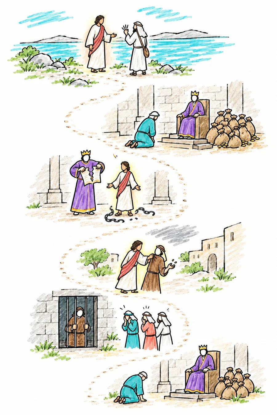 Hand-drawn doodle story map: at the top a figure of soft light talking with Peter by the sea; below, a king’s hall with a servant kneeling beside a huge pile of coin bags; a torn scroll; the servant outside grabbing a fellow servant who holds a few coins; a barred prison door; worried servants; and at the bottom the servant before the king again.