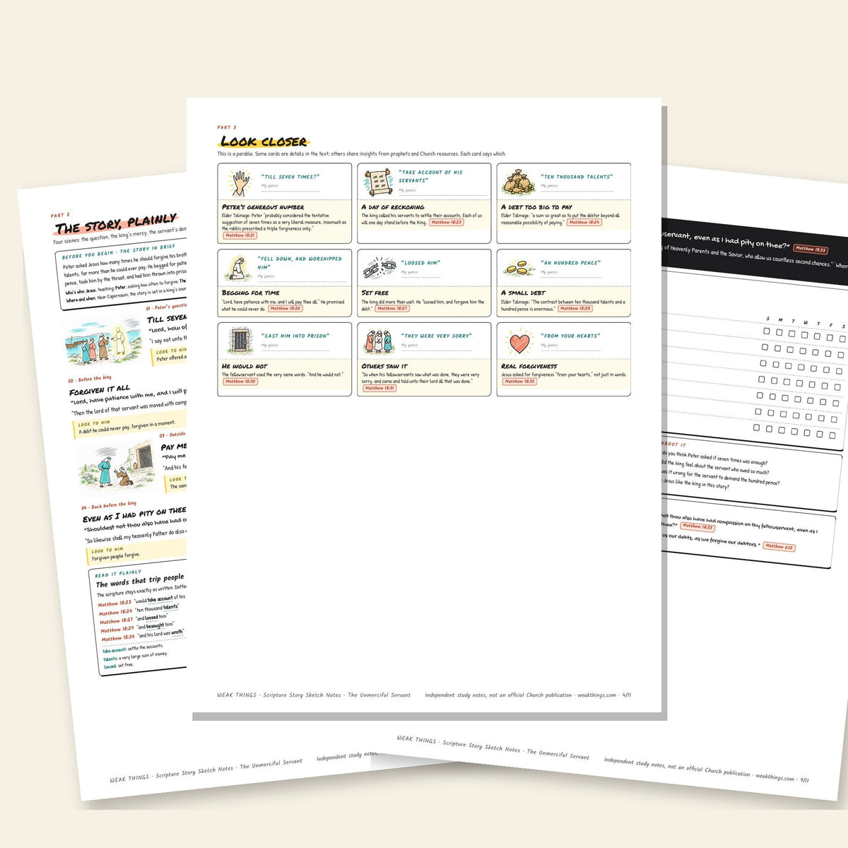 Three inside pages: the story, the detail cards and the seven-day tracker