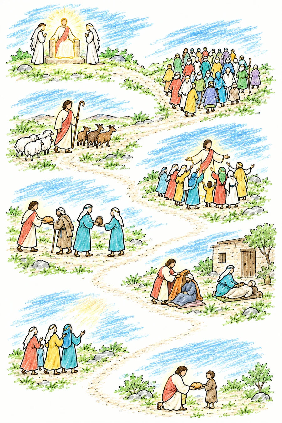 Hand-drawn doodle map of the scene: the Savior shown only as glowing light on a throne with angels facing Him, people of many nations gathering, a shepherd dividing sheep from goats, faceless people sharing bread, giving a cup of water, welcoming a traveler, wrapping a cloak around someone, sitting by a sick bed and visiting a prisoner, and the light welcoming those on His right hand.