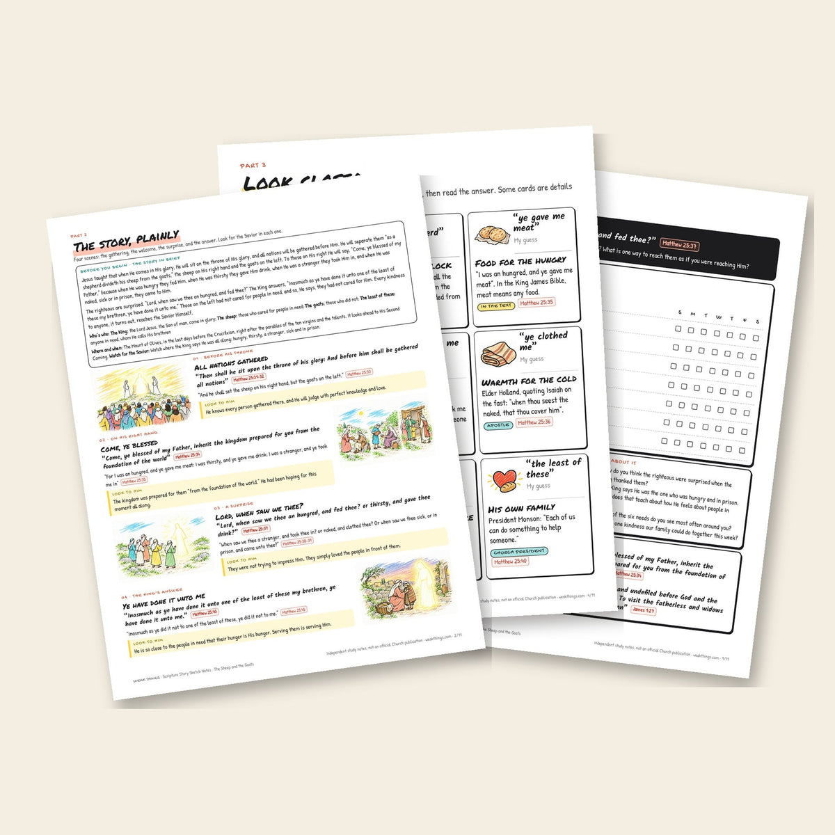 Three inside pages: the story, the detail cards and the seven-day tracker