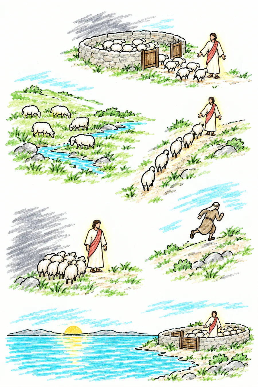 Hand-drawn doodle map of a stone sheepfold on green hills: a gray scribble shadow by the far wall, a figure of soft light at the open gate calling the sheep, the sheep following Him to green pasture, a man running away over a hill, the figure of light standing guard before a gray scribble shadow, and a second flock across a wide sea.
