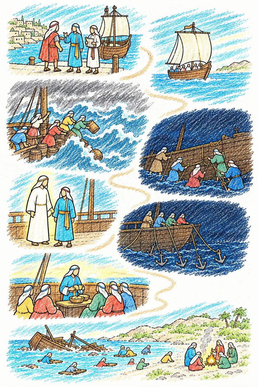 Hand-drawn doodle map of Paul’s voyage: a warning at a harbor on Crete, a gentle south wind, a violent storm with cargo going overboard, a dark night with ropes around the hull, an angel beside Paul on deck, four anchors cast at night, bread broken at dawn, and the ship broken on a sandbar as people float to a beach with a fire.