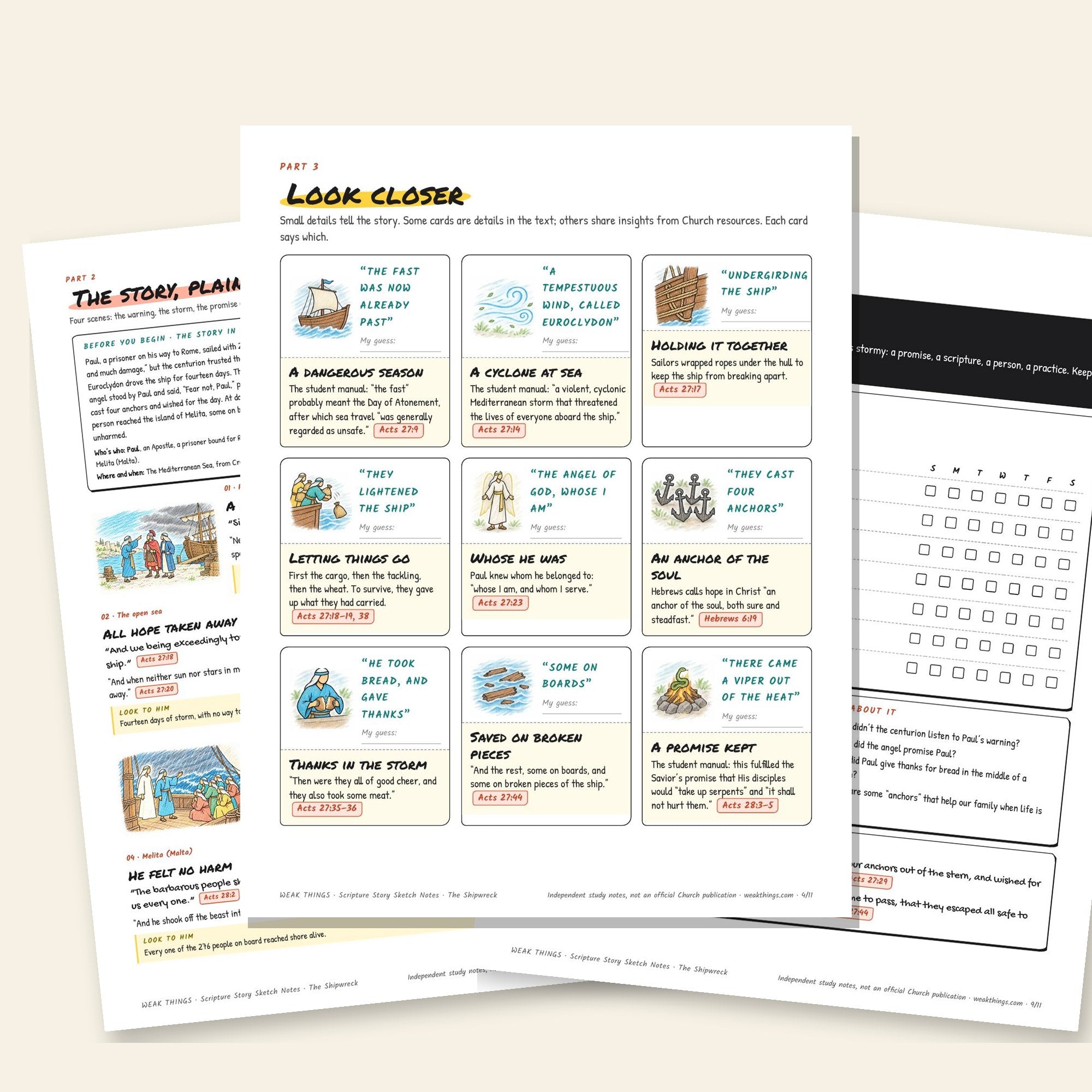 Inside pages of the The Shipwreck printable sketch notes