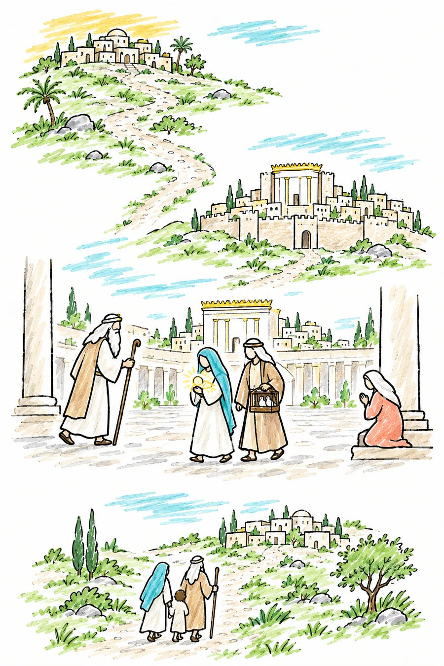 Hand-drawn doodle map: Bethlehem on a hill, a road up to the walled city of Jerusalem and its temple, a temple court where Simeon walks toward Mary holding the child of light and Joseph carrying doves while Anna kneels, and the family walking home to Nazareth.