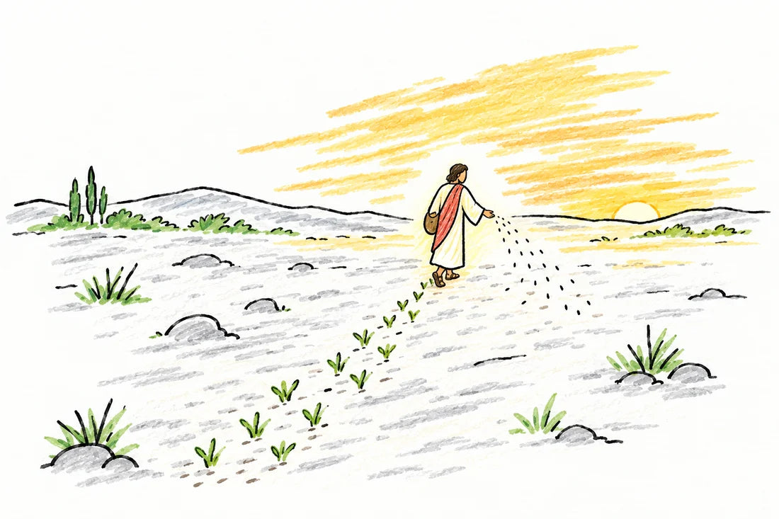 Doodle of a figure of soft yellow light seen from behind at a distance, sowing seed across a wide field at sunset, with sprouts along the path behind Him.