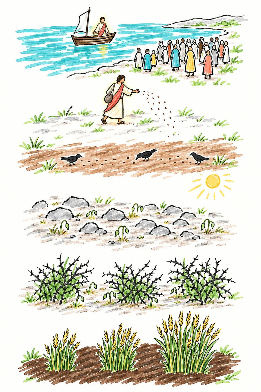 Hand-drawn doodle map: a boat and crowd at a teal shoreline, a sower scattering seed, then a hard path with birds, rocky ground under a hot sun, thorn bushes, and golden wheat in good soil at the bottom.