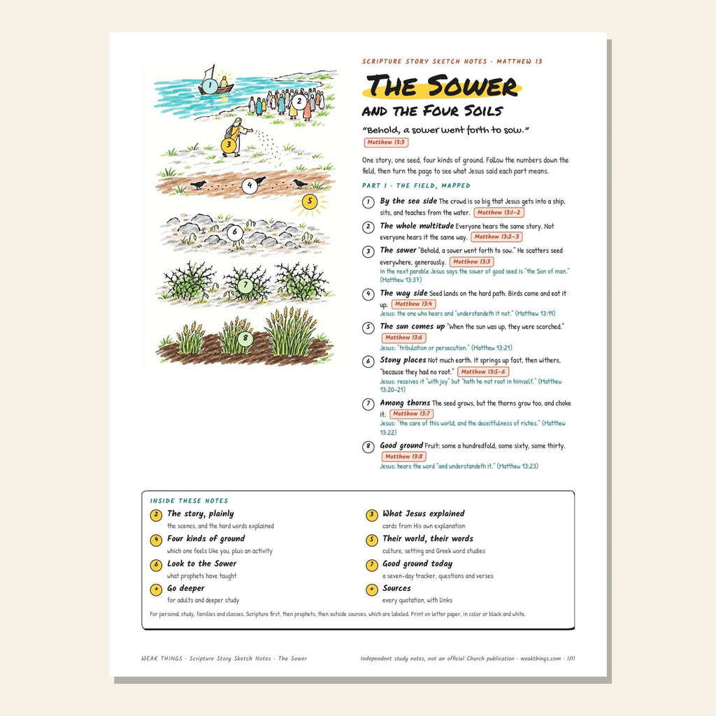 The Sower and the Four Soils sketch notes cover with a hand-drawn field map