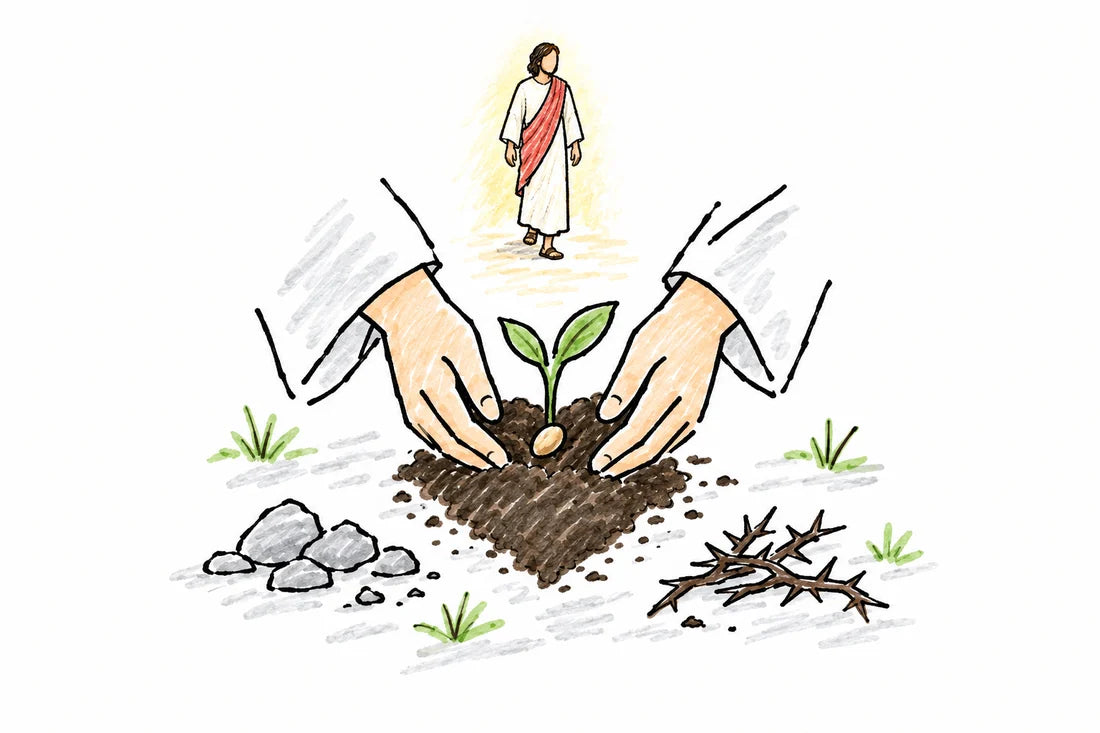 Doodle of two hands pressing a seed into a heart-shaped mound of soil, with stones and thorns set aside and a ray of light from above.