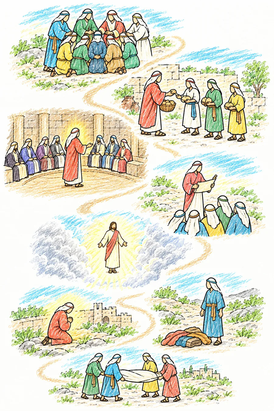 Hand-drawn doodle map of Acts 6–7: Apostles laying hands on seven men, a man in a coral robe helping widows and the poor, accusers whispering, a council hall, the man testifying, the heavens opening above him, cloaks laid at a young man’s feet, and the man kneeling outside the city wall.