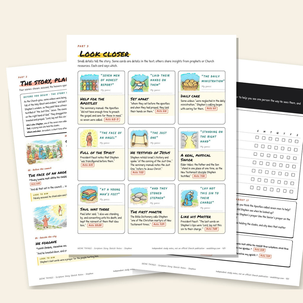 Three inside pages: the story, the detail cards and the seven-day tracker