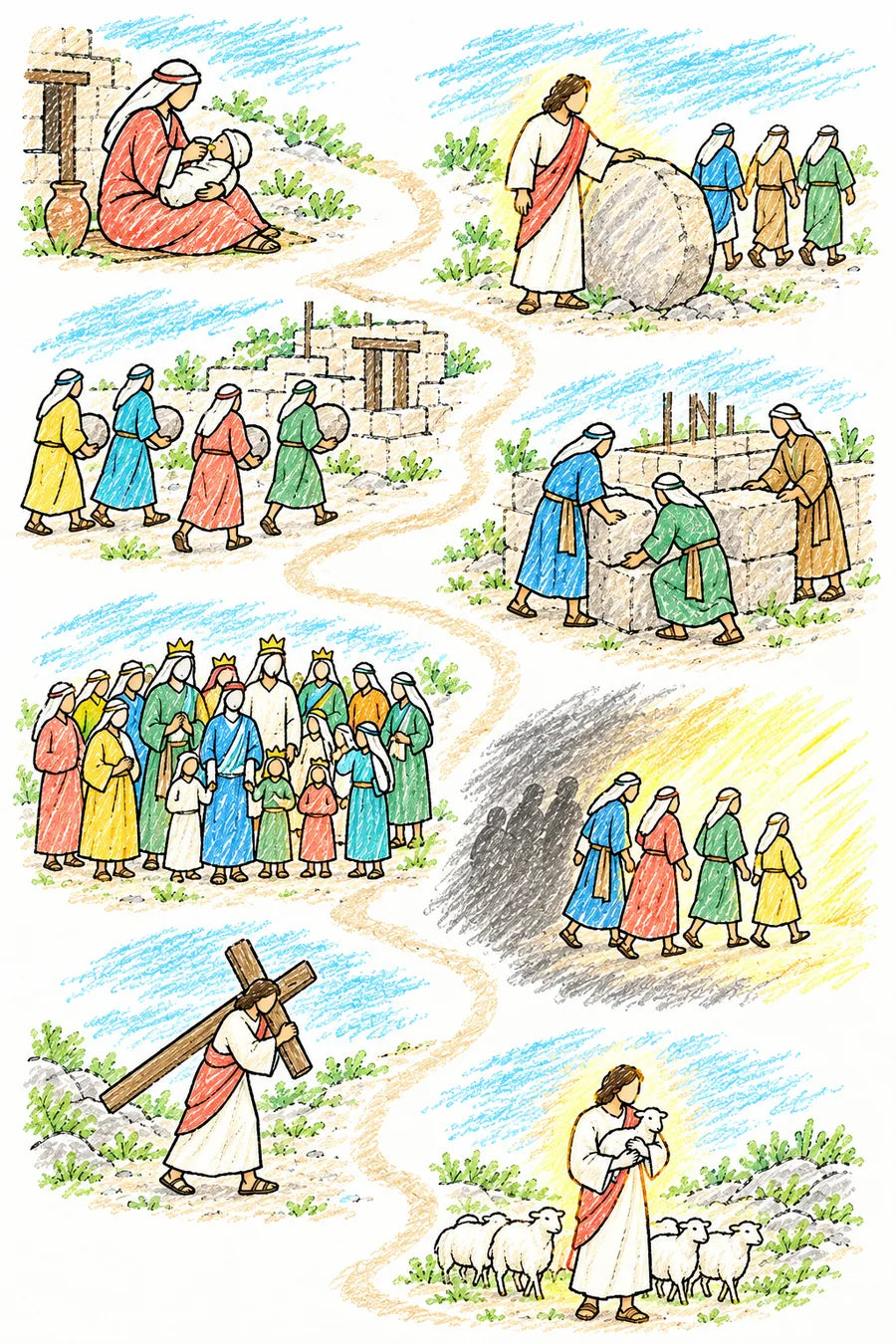 Hand-drawn doodle map of a winding path: a mother feeding a baby from a small cup, Jesus beside a large shining stone as builders walk away, people carrying stones to build a house, builders setting a corner stone, a crowd of people with small gold crowns, people walking out of gray darkness into light, Jesus carrying a wooden cross, and Jesus as a shepherd carrying a lamb home.