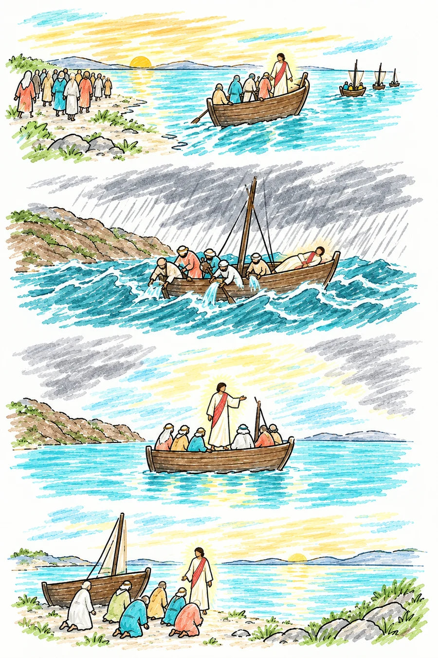Hand-drawn doodle map of the Sea of Galilee: a boat pushing off from shore at sunset, small boats following, steep hills and gray storm clouds, high waves around the boat with a figure of soft light asleep in the stern, then the figure standing with arm outstretched and the sea turning calm, and the far shore at the bottom.