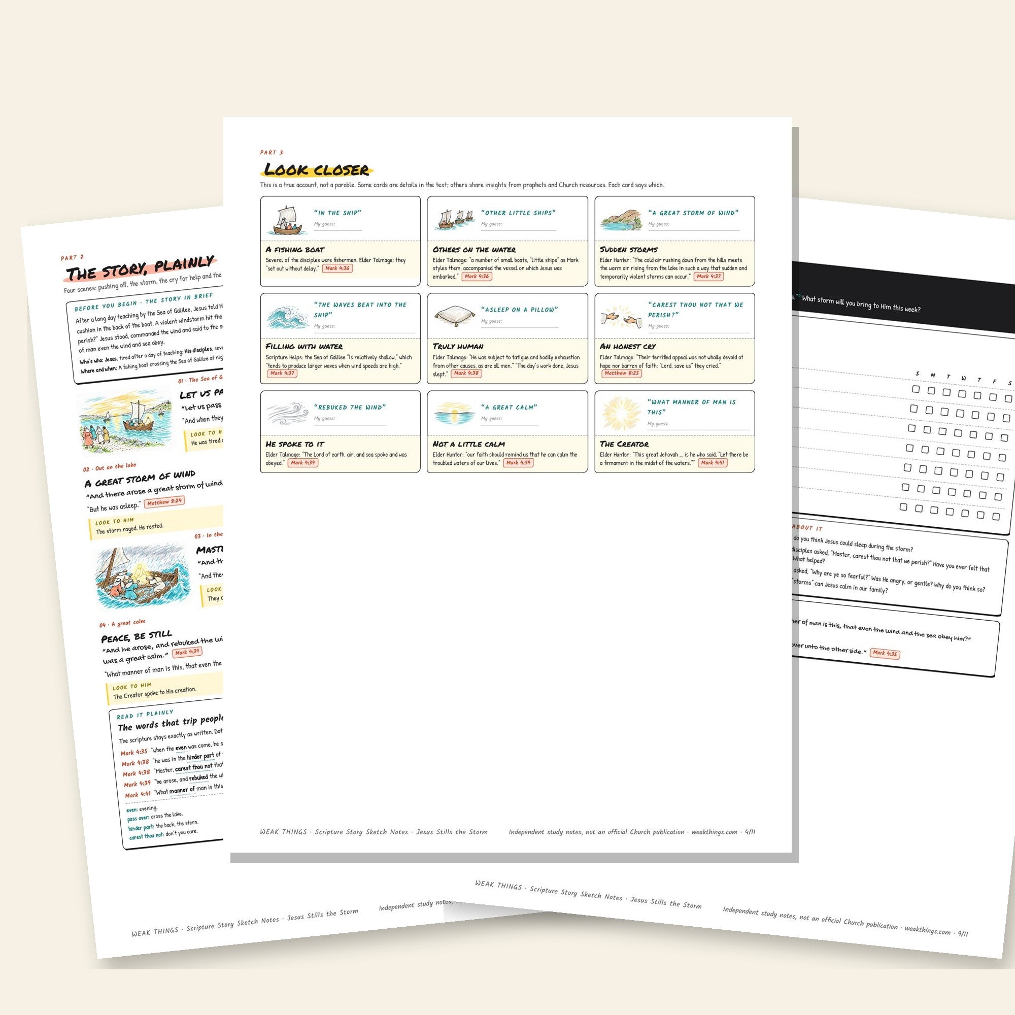 Inside pages of the Jesus Stills the Storm printable sketch notes
