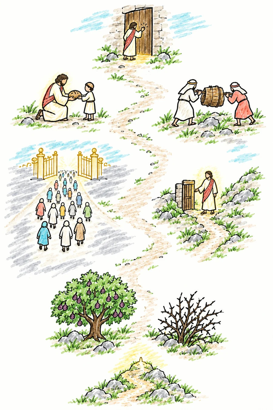 Hand-drawn doodle map: a door with light under it, a father giving bread to his son, two people helping each other, a fork in the road with a wide crowded gate leading into gray and a small gate where a figure of soft light stands, a fruitful tree beside a thorn bush, and a narrow path rising into warm light.