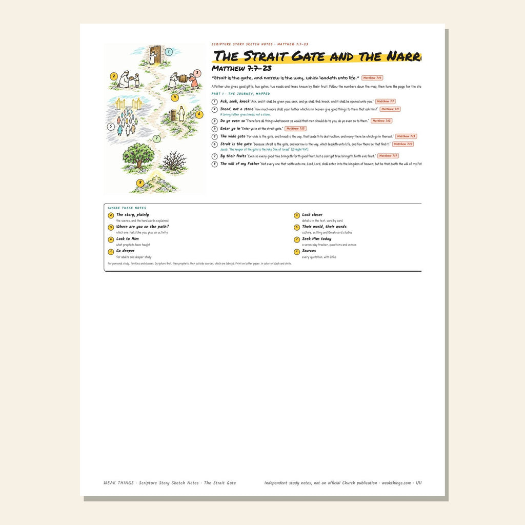 The Strait Gate and the Narrow Way sketch notes cover with a hand-drawn map of two gates and two roads