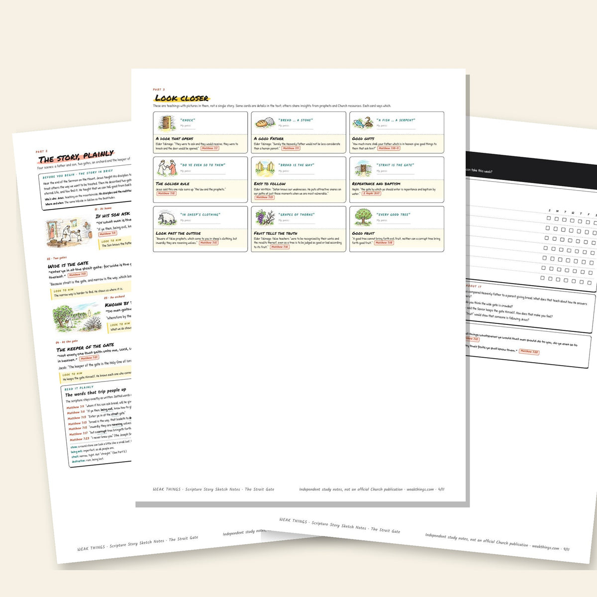 Three inside pages: the story, the detail cards and the seven-day tracker