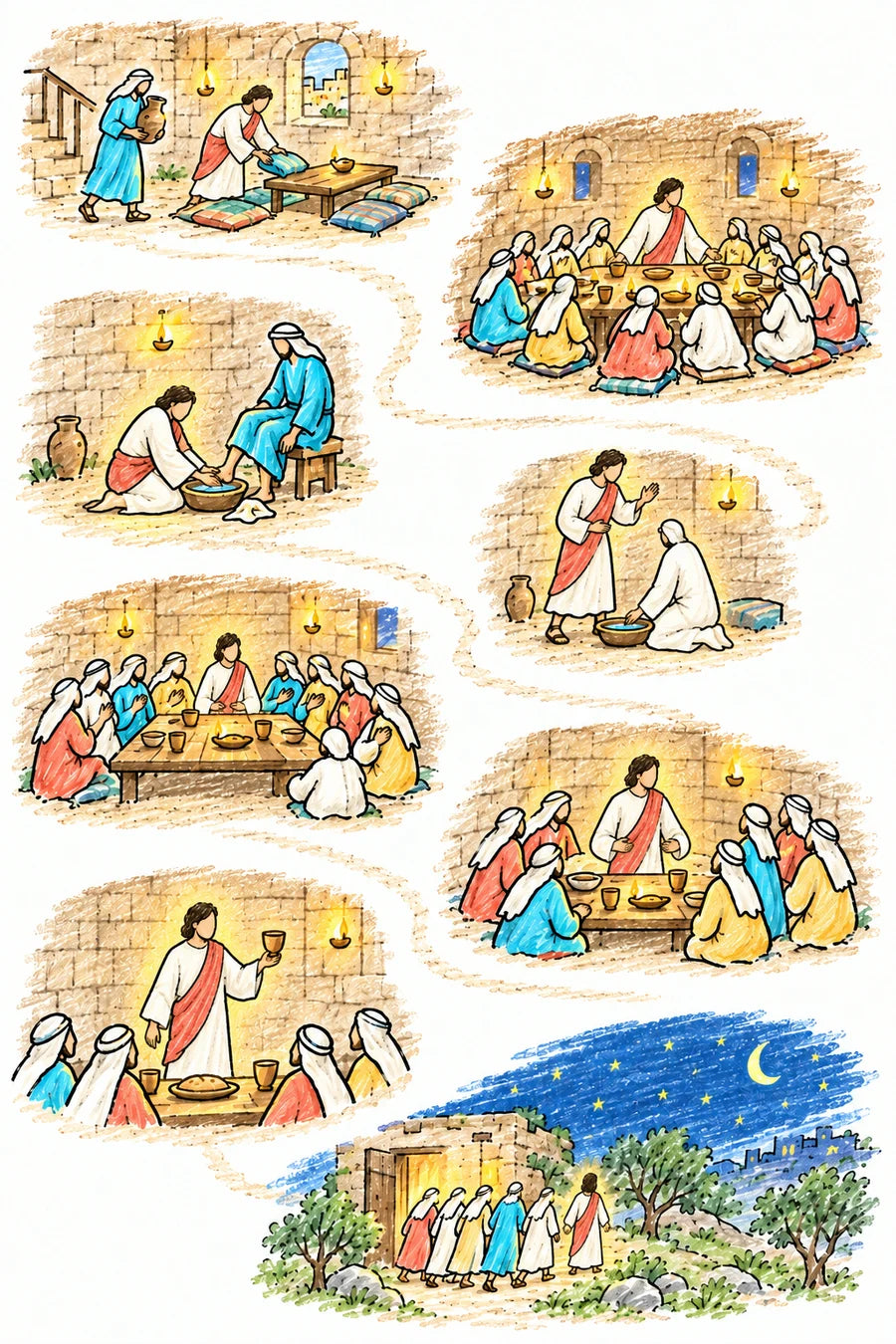 Hand-drawn doodle map of the evening: two disciples preparing a large upper room, the Savior shown only as glowing light at a low table with the Twelve, the light kneeling with a basin and towel to wash a disciple’s feet, the disciples turning to ask “Lord, is it I?”, the light breaking bread, the light holding a cup, the disciples close together listening, and the group singing a hymn as they walk out toward the Mount of Olives under the stars.