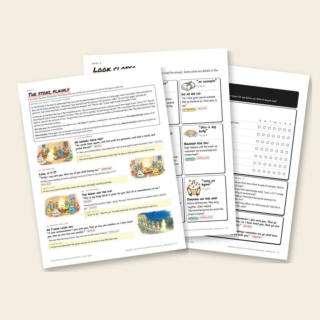 Three inside pages: the story, the detail cards and the seven-day tracker