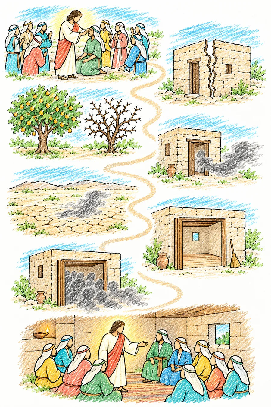 Hand-drawn doodle map of a winding path: Jesus touching the eyes of a man while a crowd watches, a small house cracked in two, a fruitful tree beside a bare thorny tree, a gray scribble shadow drifting out a door and across a dry desert, a clean empty house with a broom by the door, many gray scribbles crowding back into the empty house, and Jesus stretching His hand toward His disciples in a warm, full house.