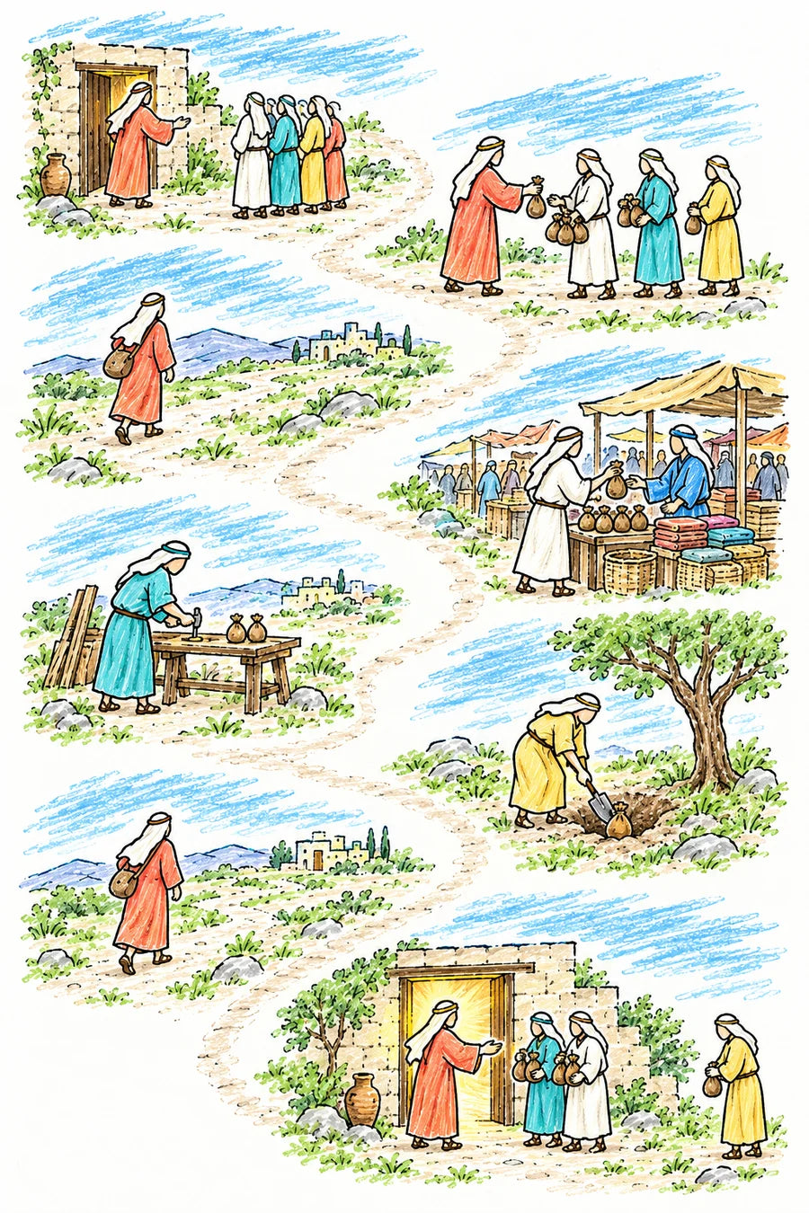 Hand-drawn doodle map of the parable: a master in a warm cloak handing out bags of coins to three faceless servants at his house, the master walking away down a long road to a far country, one servant trading at a busy market, a second servant working in a small shop, the third servant digging a hole under a tree, the master coming home, two servants bringing doubled bags of coins, and the third holding out a single dusty bag.
