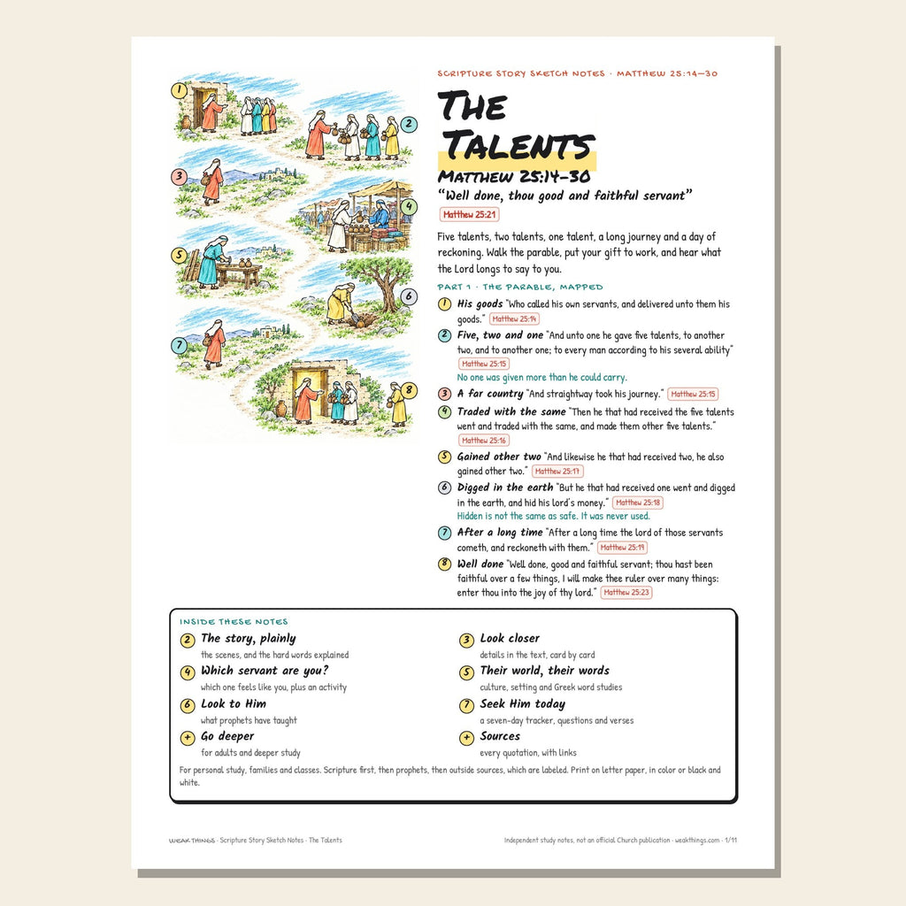 The Talents sketch notes cover with a hand-drawn numbered map of the story