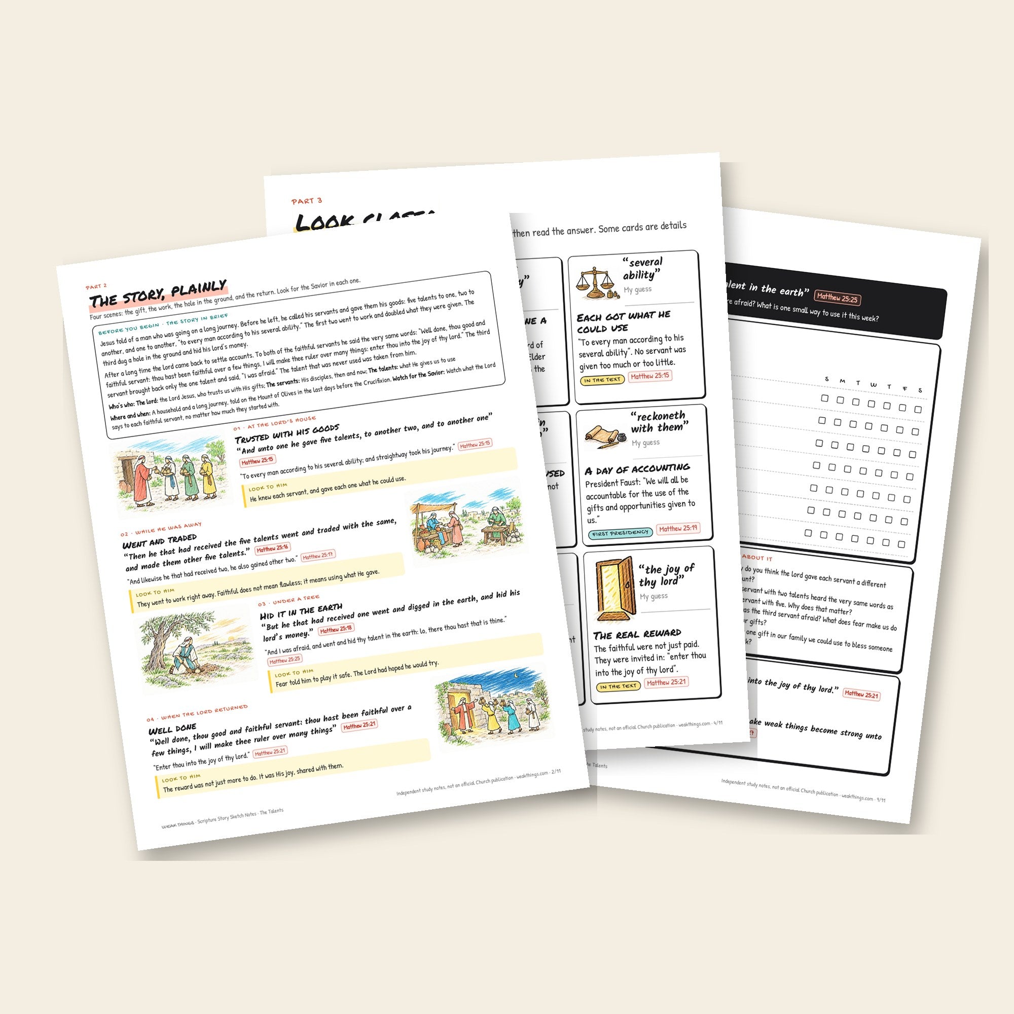 Inside pages of the The Talents printable sketch notes