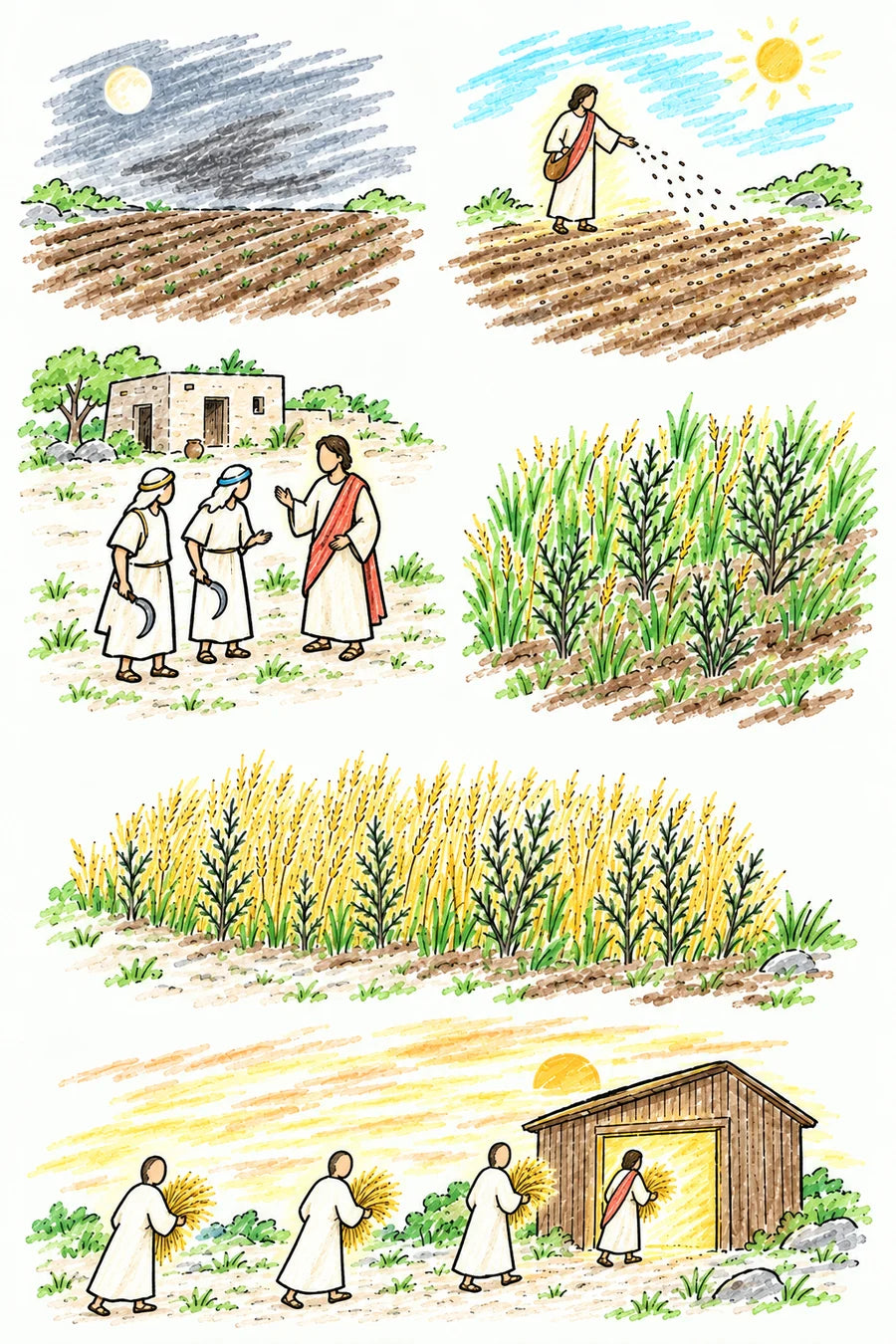 Hand-drawn doodle map of a farm field: a figure of soft light sowing seed in the morning, a gray scribbled shadow drifting over the field at night, wheat and look-alike weeds growing together, servants pausing with sickles, and at the bottom golden sheaves carried into a glowing barn.
