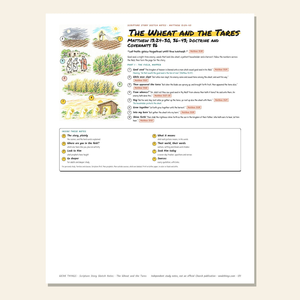 The Wheat and the Tares sketch notes cover with a hand-drawn map of a farm field from sowing to harvest