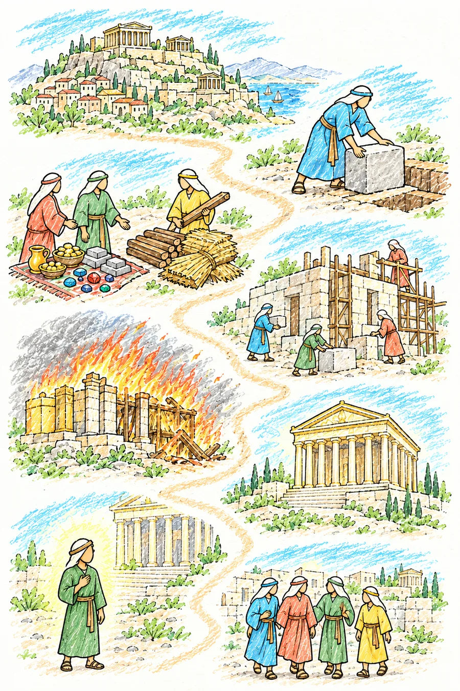 Hand-drawn doodle map of Corinth: a hill crowned with pagan temples, a man in blue laying a foundation stone, builders choosing between gold and gems or wood and straw, a building rising, fire burning the straw while stone and gold stand, a white temple, a young person with a hand on their heart, and friends walking happily together.