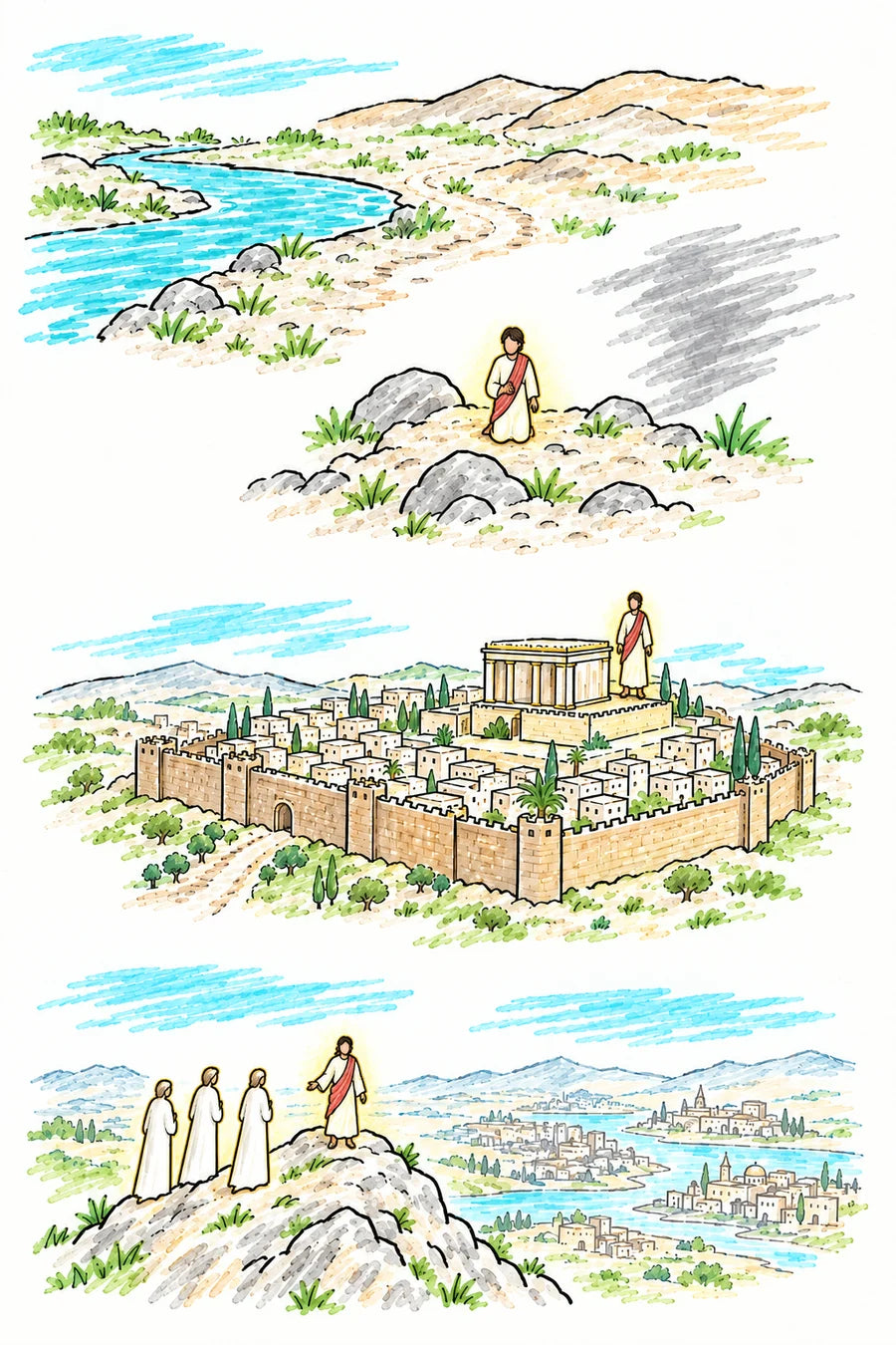 Hand-drawn doodle map: the Jordan River and a desert path; a figure of soft light kneeling among rocks with a gray scribbled shadow nearby; the walled city of Jerusalem with the temple and a tiny figure of light on a high corner; and a mountain peak where a figure of light stands with three faceless white angelic figures, overlooking distant cities.