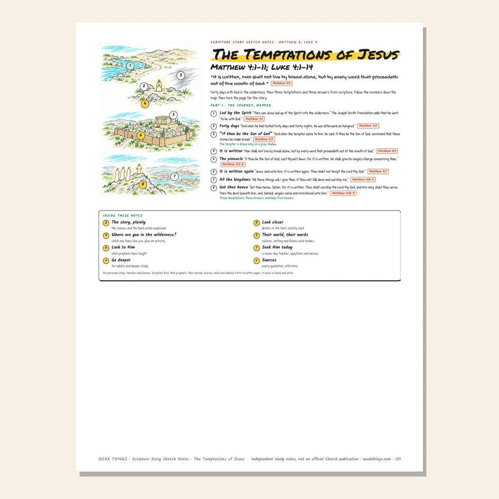 The Temptations of Jesus sketch notes cover with a hand-drawn map from the wilderness to the mountain