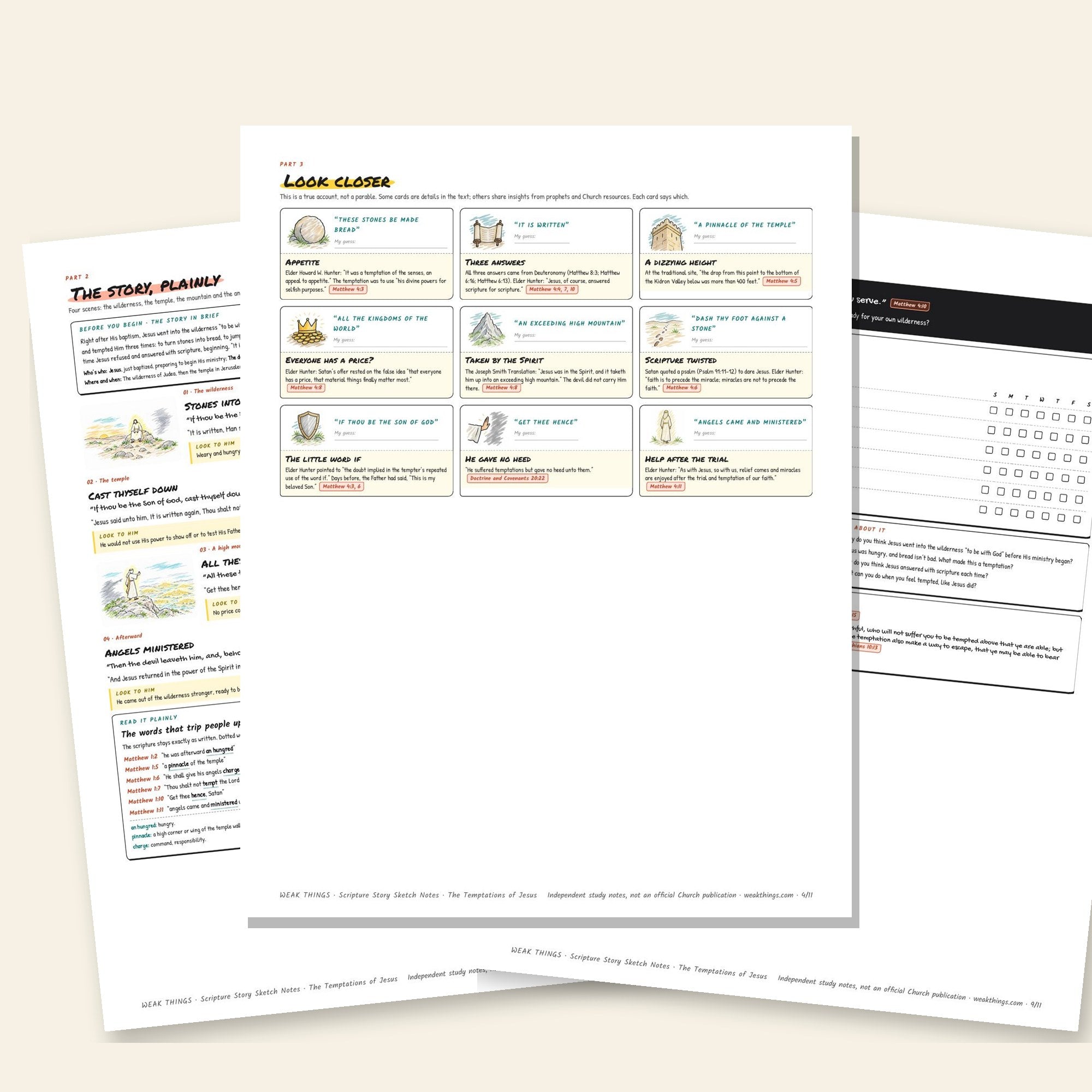 Inside pages of the The Temptations of Jesus printable sketch notes