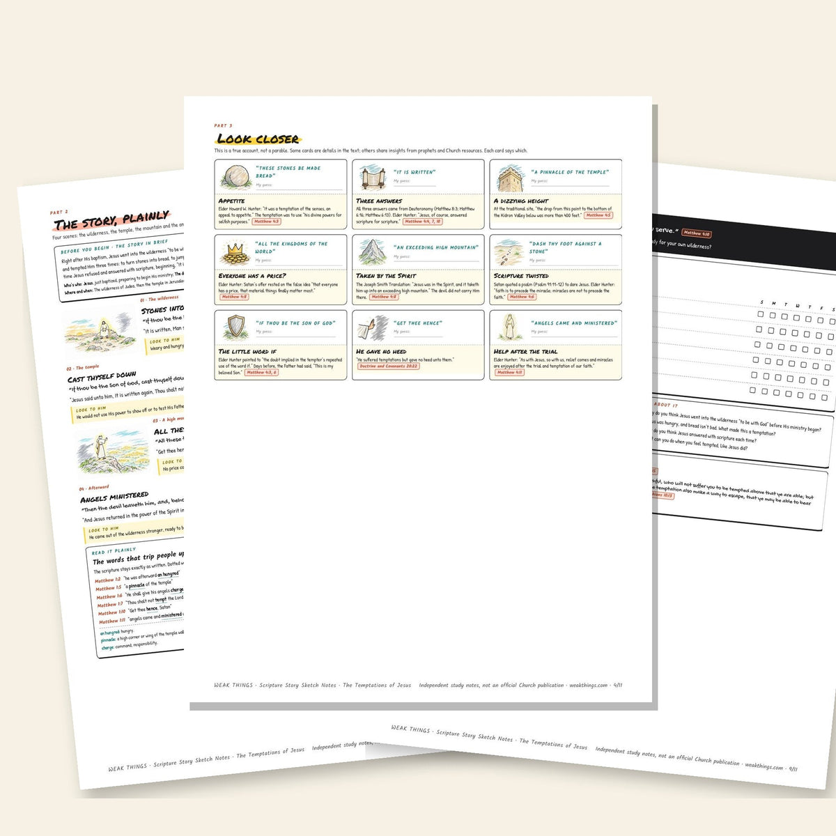 Three inside pages: the story, the detail cards and the seven-day tracker
